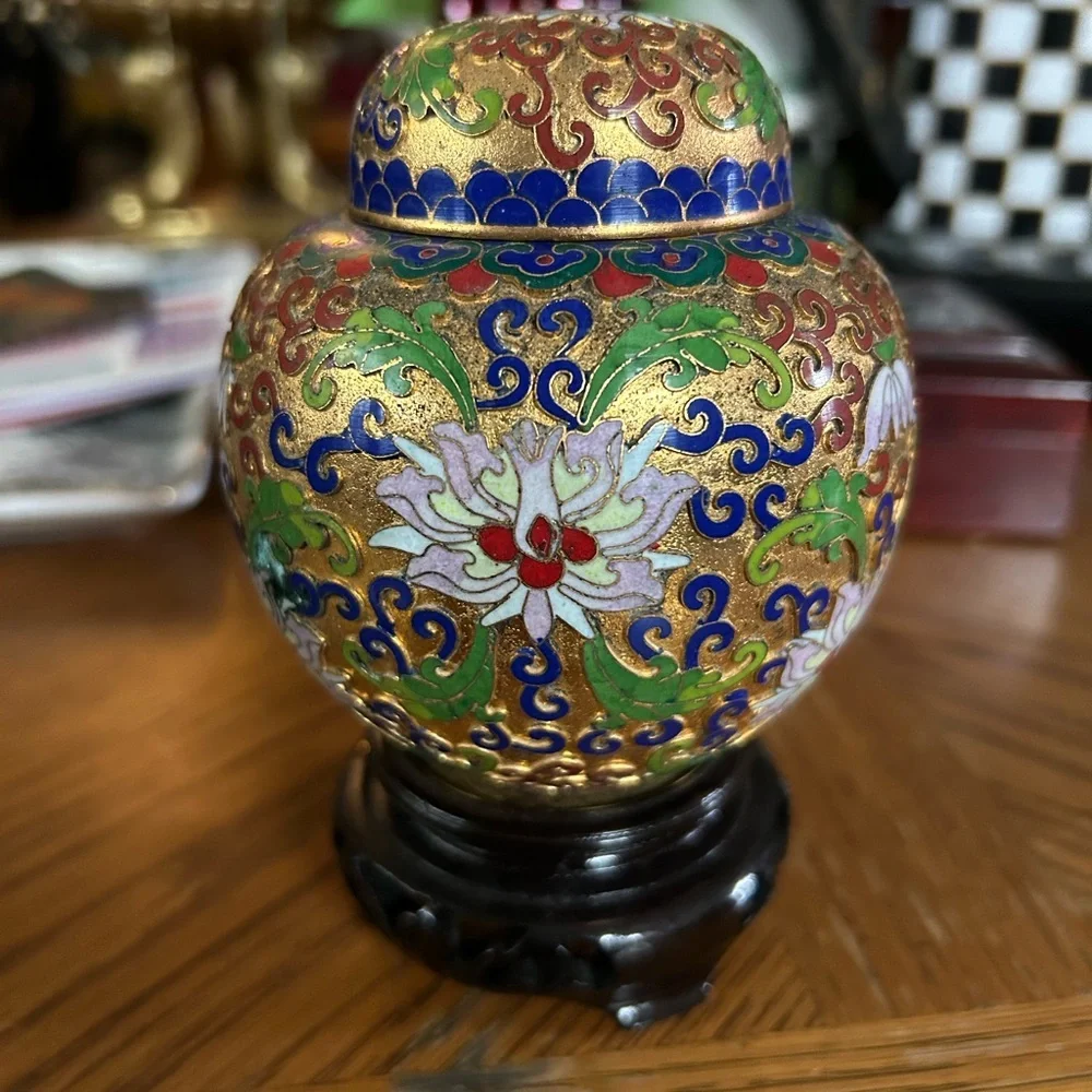Vintage Cloisonné Ginger Jar with Stand